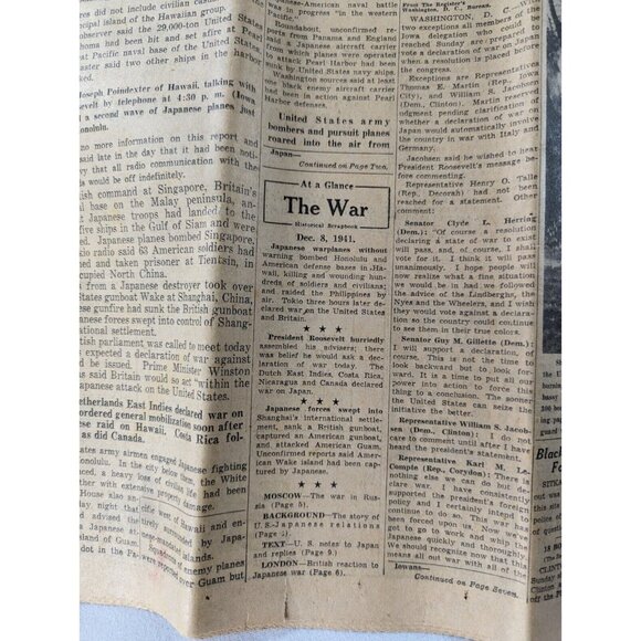 ORIGINAL! WWII Dec 8, 1941 newspaper Japan attacks Pearl Harbor, US DECLARE WAR! - Picture 9 of 16